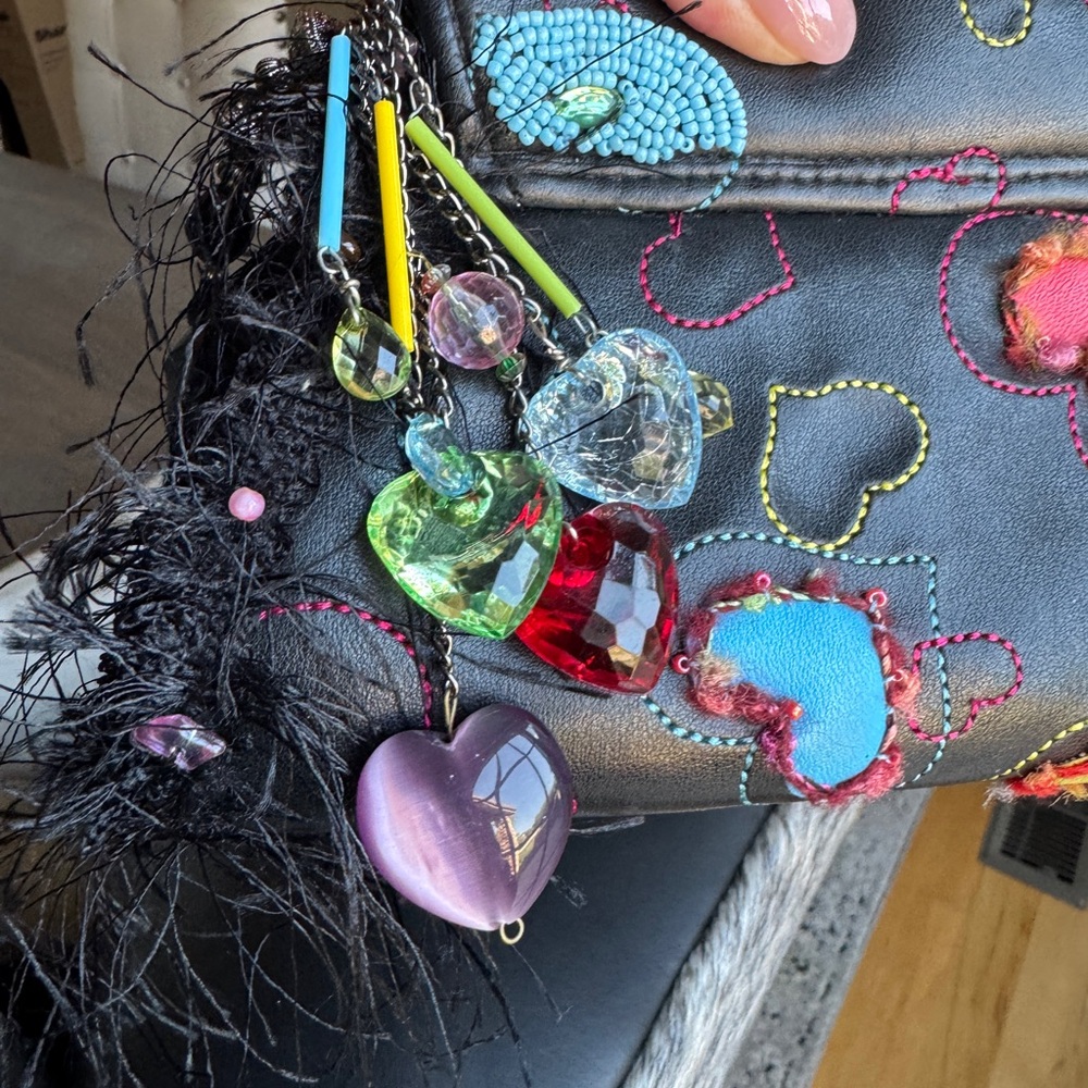 Rare! Vintage Mary Frances Black Shoulder Bag Beaded Colorful Heart Accents - Picture 17 of 17